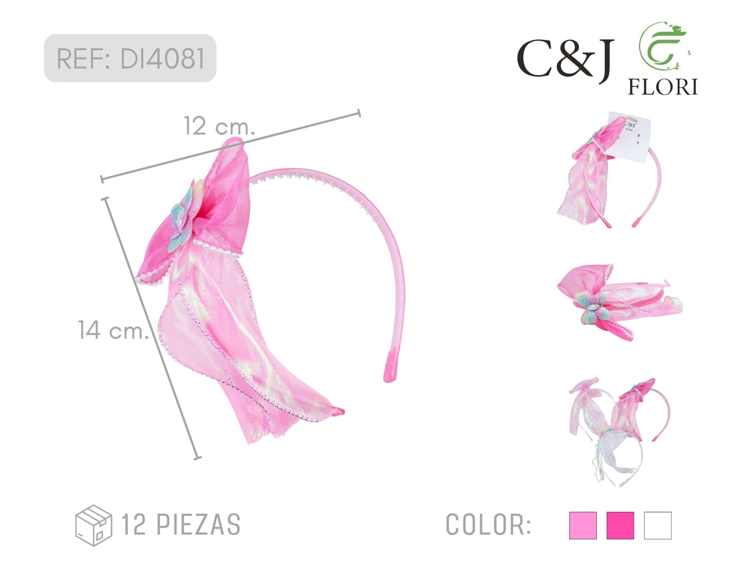 Set de 12 Diademas para el Cabello con Moño Largo de Tul Tornasol Unitalla