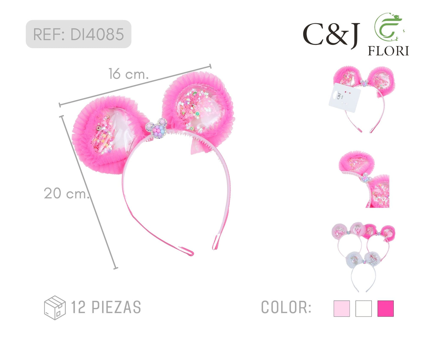 Set de 12 Diademas para el Cabello con Orejas de Purpurina Glitter y Tul