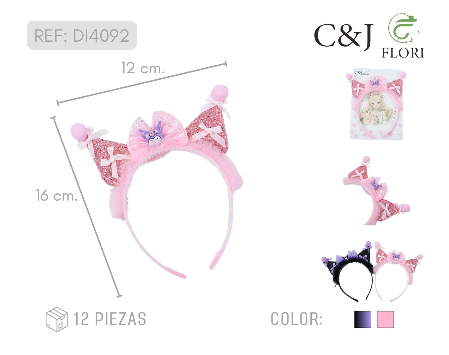 Docena Diademas para el Cabello Rosa con Glitter y Encaje de Tul