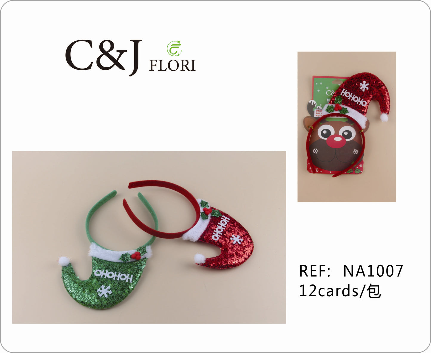 Docena de Diademas Navideñas de Gorros de Tela Lentejuela en Rojo y Verde