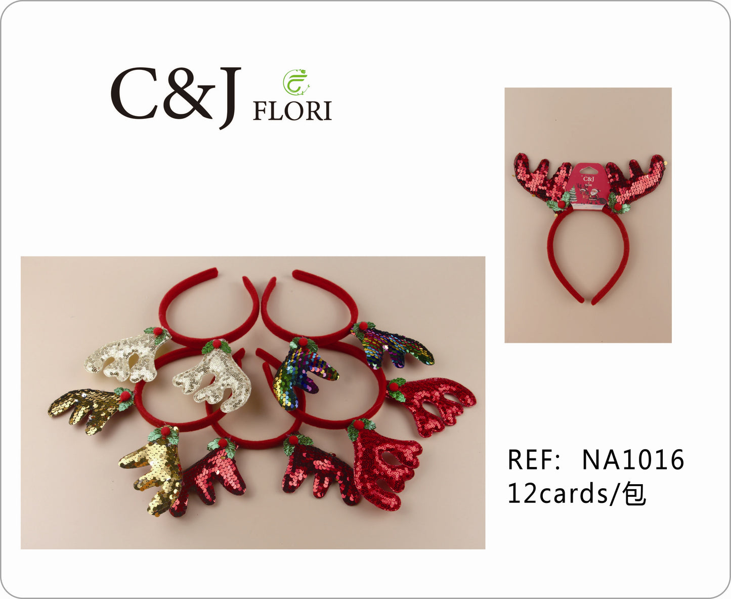 Docena de Diademas Navideñas Astas de Reno en Lentejuela
