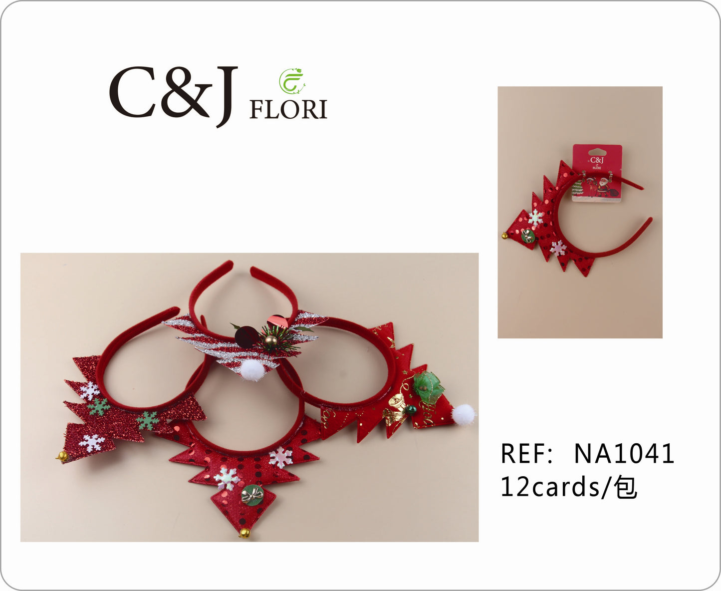 Paquete de 12 Diademas Navideñas de Pino en Tela Glitter Rojo