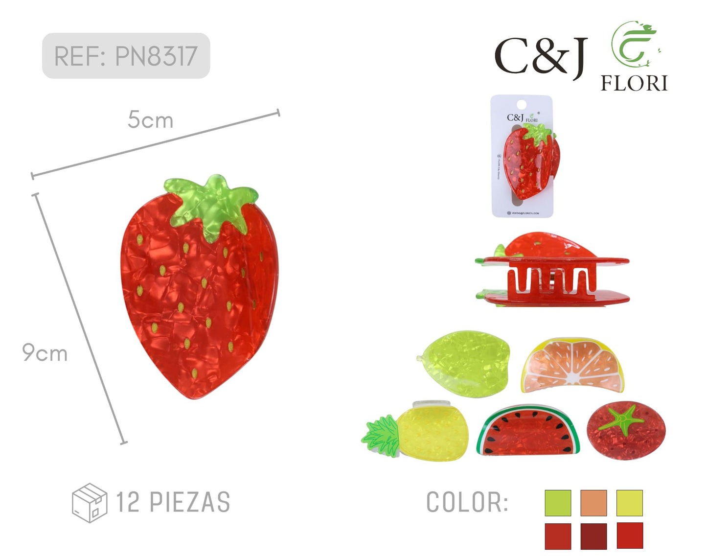 Docena de Pinzas de Acrílico Diseño de Frutas Colores