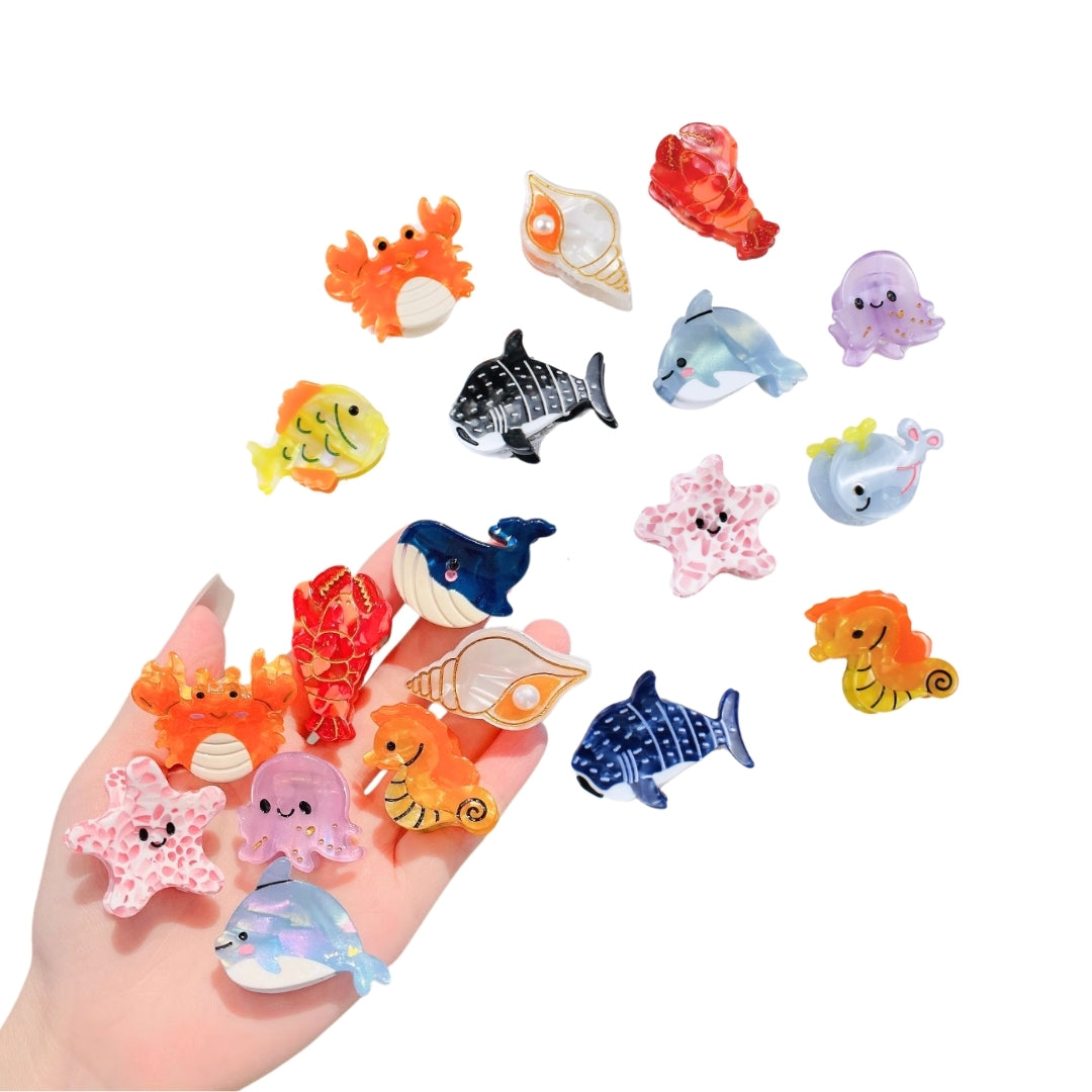Pinzas de Acrílico Para Cabello de Animales Marinos - 12 piezas