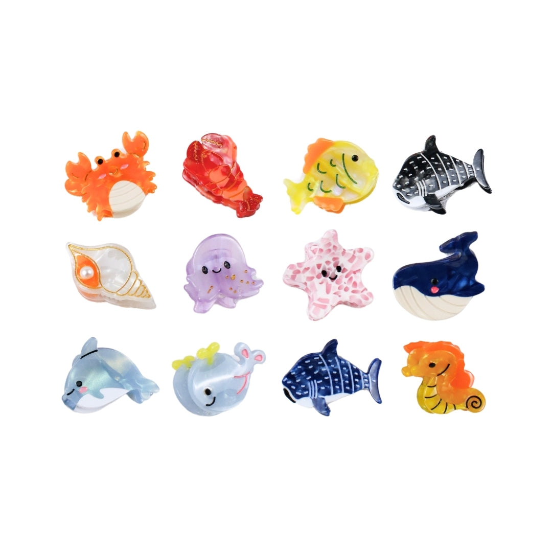 Pinzas de Acrílico Para Cabello de Animales Marinos - 12 piezas