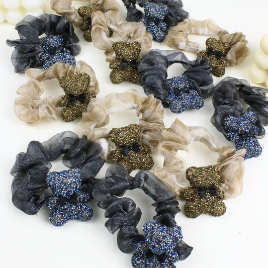 12 Scrunchies de Tul con Charms de Oso con Glitter