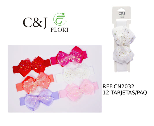 Docena Cinta para Cabello de Moño de Listón y Tul de Brillitos Multicolor