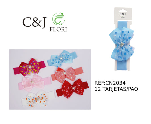 Docena Cinta para Cabello con Moño de Listón con Tul de Corazones Detalle de Perla de Fantasía en Forma de Corazón Multicolor