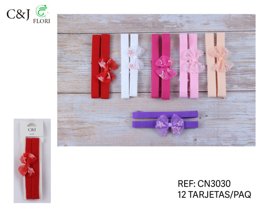 Docena de Cinta Doble para el Cabello con Moño de Micro Tul Adornado de Estrellas Multicolor