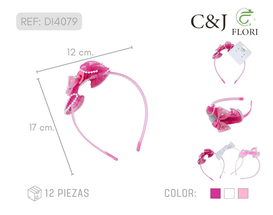 Set de 12 Diademas para el Cabello con Moño Grande de Tul de Encaje con Perlas de Fantasía Unitalla