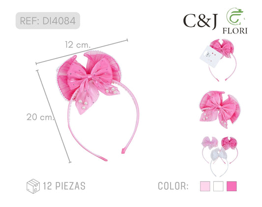 Set de 12 Diademas para el Cabello con Moño Grande de Tul de Encaje con Perlas y Brillos Laminados Unitalla