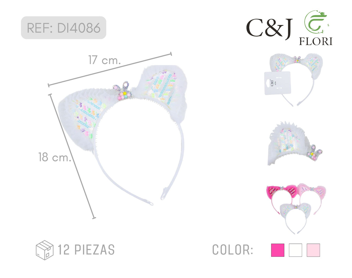Set 12 Diademas para el Cabello con Orejas de Lentejuelas y Encaje de Tul