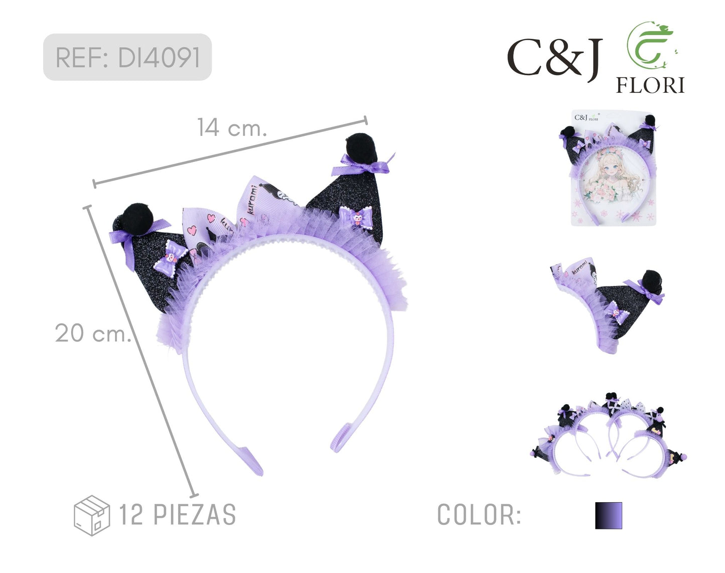 Docena Diademas para el Cabello Purpura con Glitter y Encaje de Tul