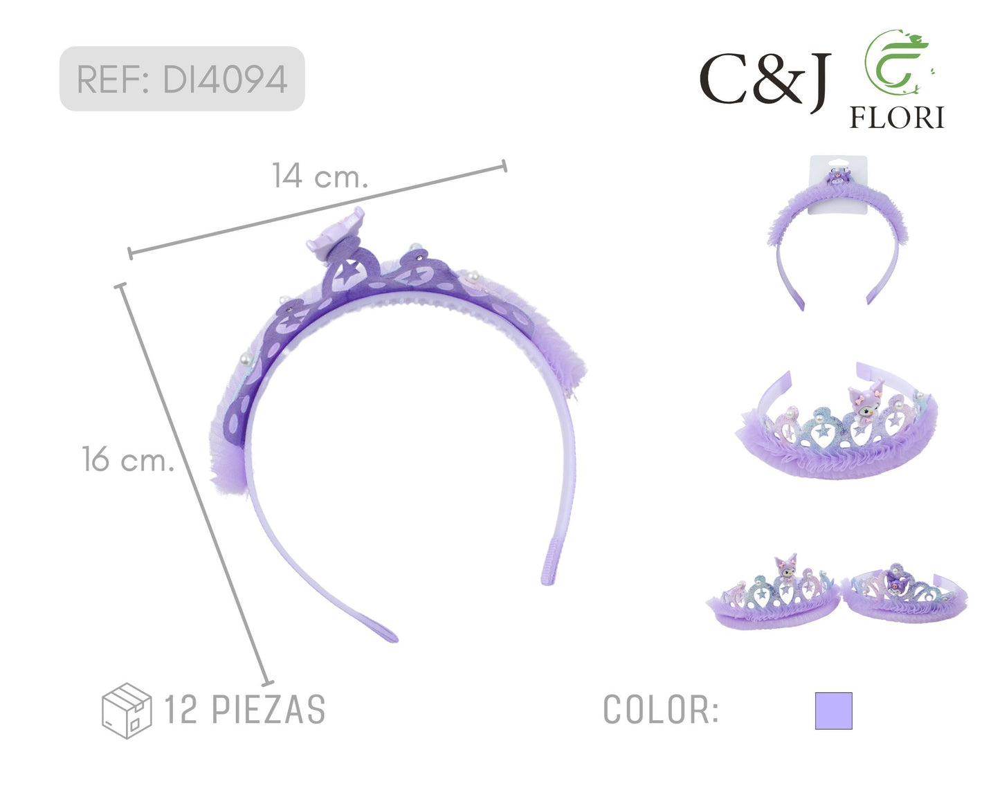 Set 12 Diademas de Corona para el Cabello Violetas con Tul de Personaje