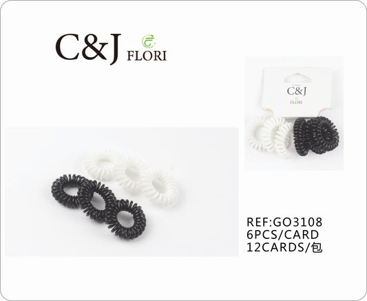 12 Paquetes de 6 Ligas para el Cabello Elásticas Set Cable Teléfono Espiral en Blanco y Negro