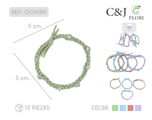 12 paquetes de 4 Ligas Trenzadas para Cabello Con Pedrería de Fantasía