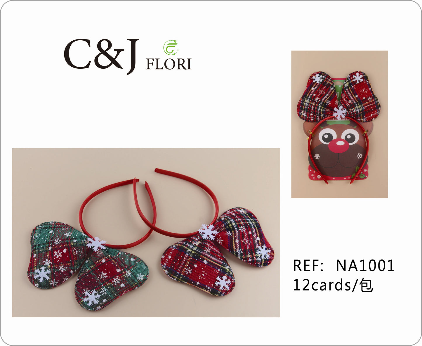 Docena Diademas Navideñas con Moño Grande de Patrón Tartán con Copos de Nieve