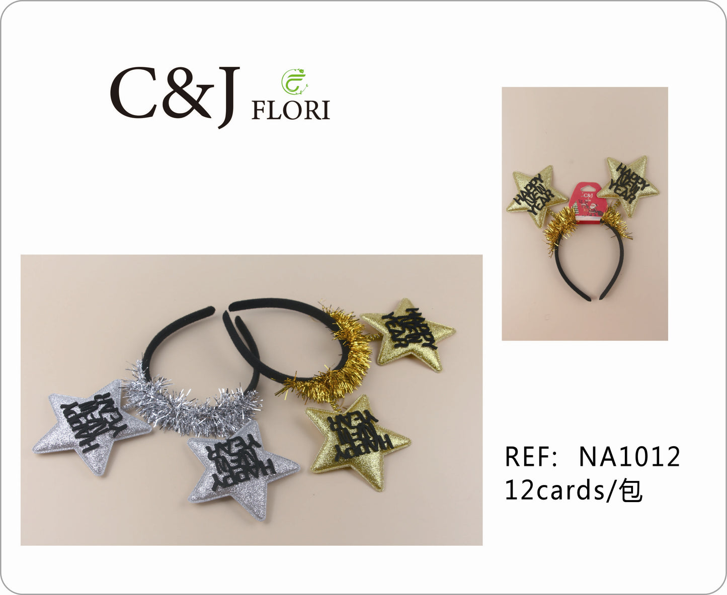 Docena de Diademas Happy New Year Con Estrellas en Tela Glitter