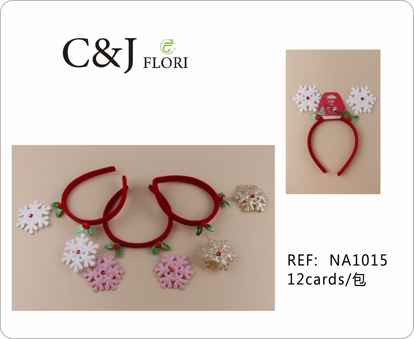 Docena de Diademas Navideñas de Copos de Nieve en Colores de Tela Glitter