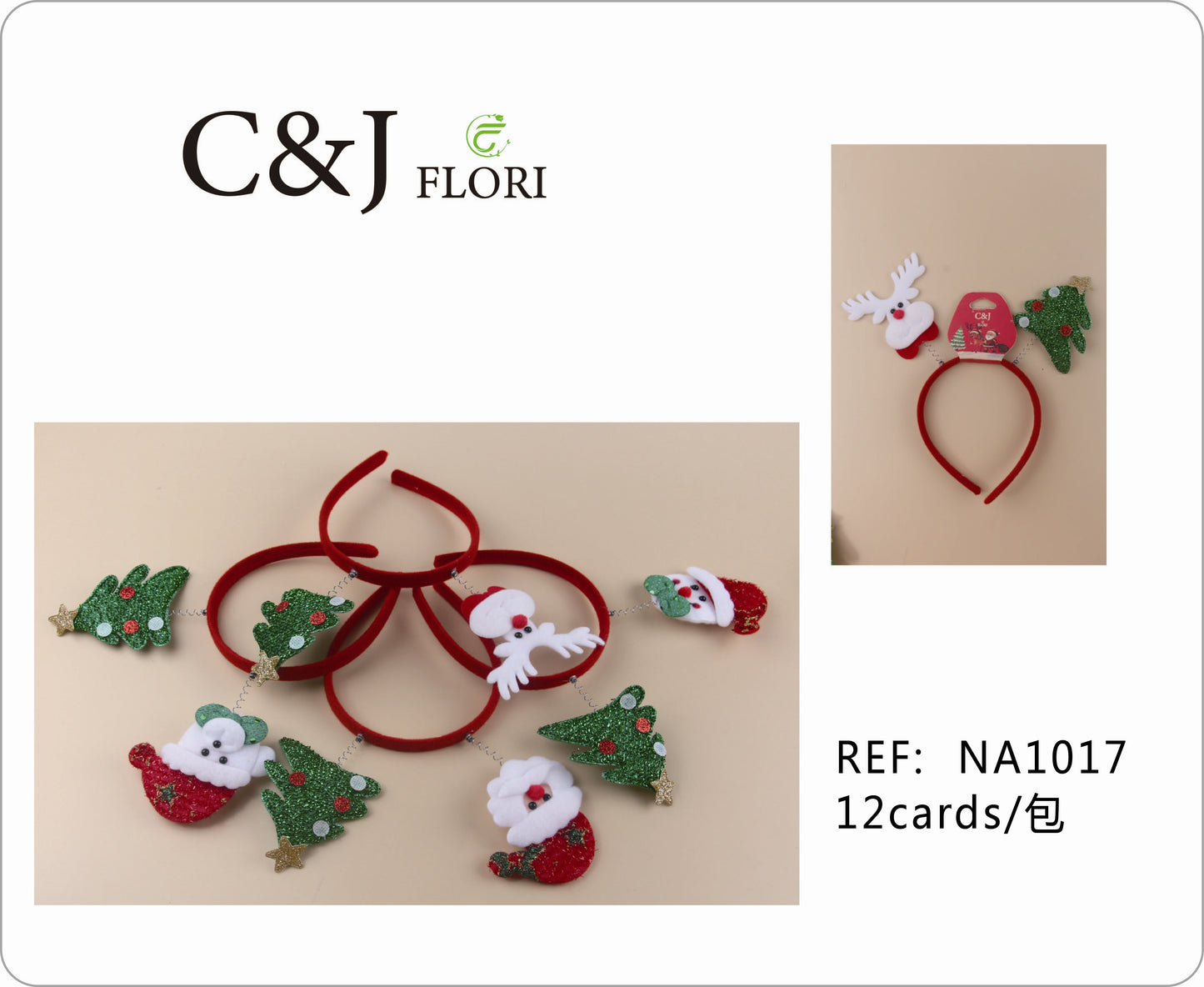 Docena de Diademas Navideñas de Divertidos Personajes Navideños en Fieltro y Tela Glitter