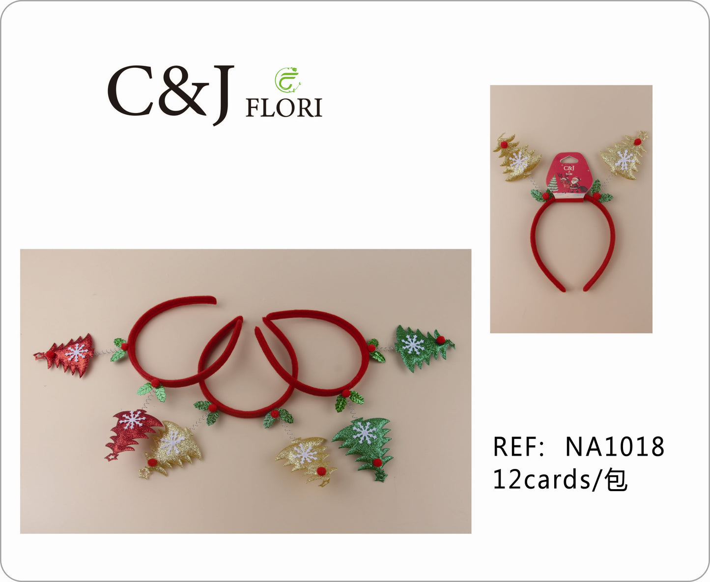 Docena de Diademas Navideñas de Pinos Navideños en Tela Glitter