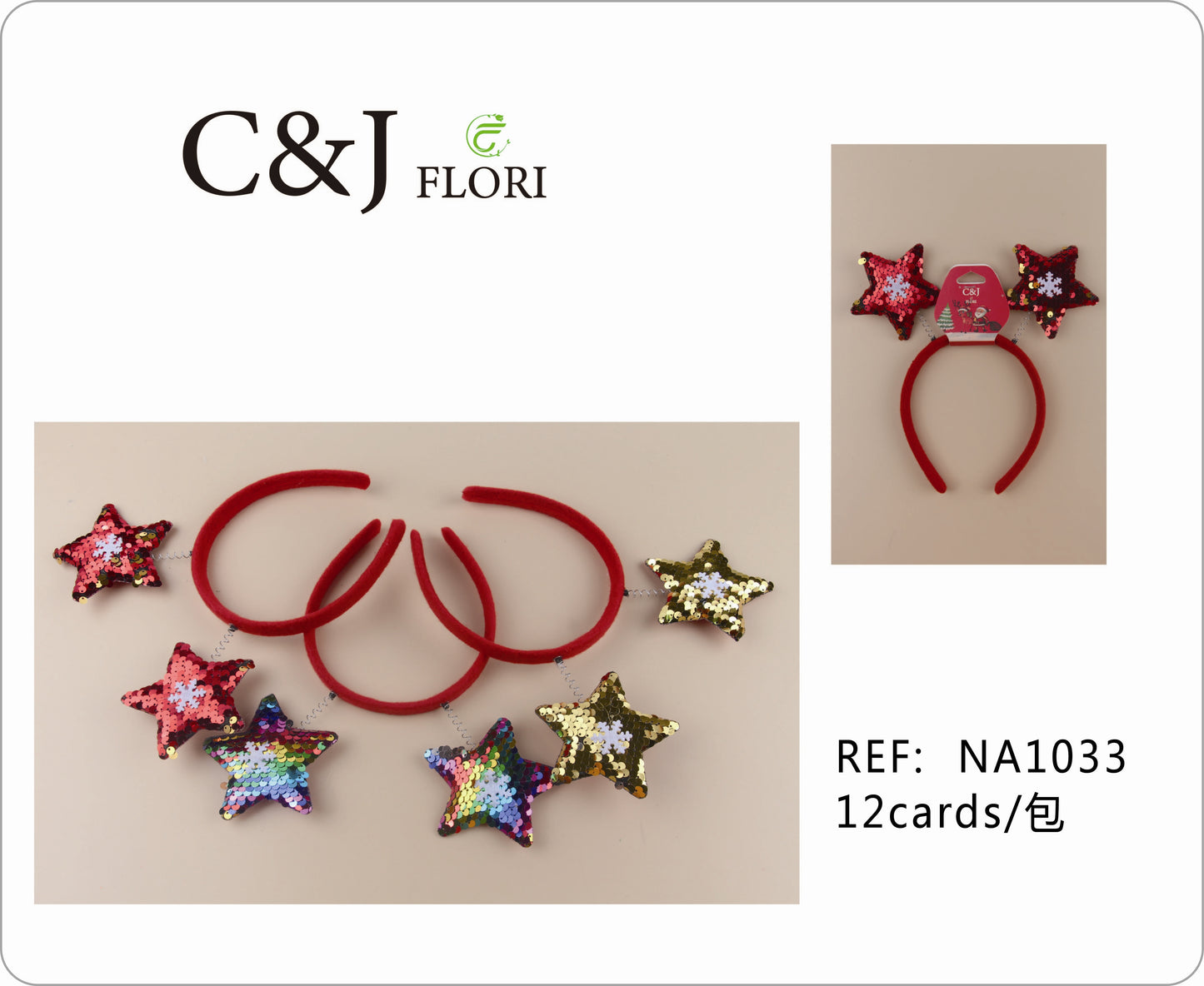 Docena de Diademas Navideñas de Estrella en Tela Lentejuelas Doble Cara en Colores