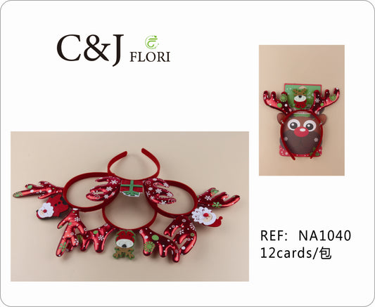 Docena de Diademas de Elegantes Astas en Tela Satinada con Patrones Navideños