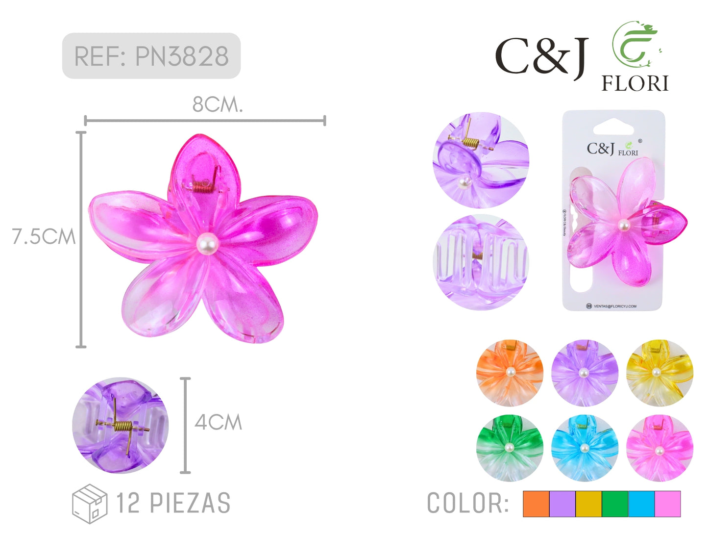 12 Pinzas para Cabello Diseño de Flor Colores Translucidos