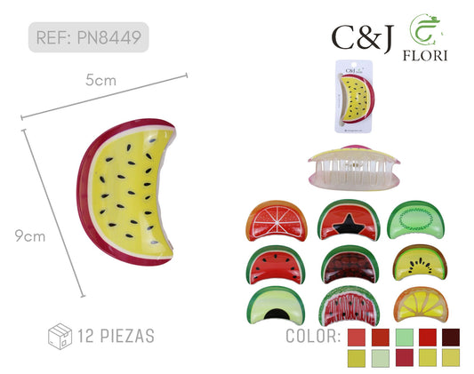 Kit de 12 Pinzas para Cabello Tipo Garra Diseño Frutas Variadas 9cm